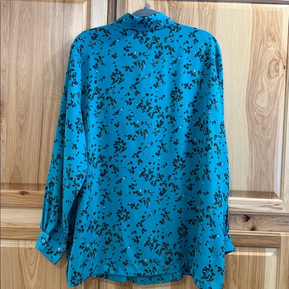 Blair Teal Blue Black Leafy Flowy Long Sleeve Tunic Button Up Shirt Size 2XL - Picture 4 of 9